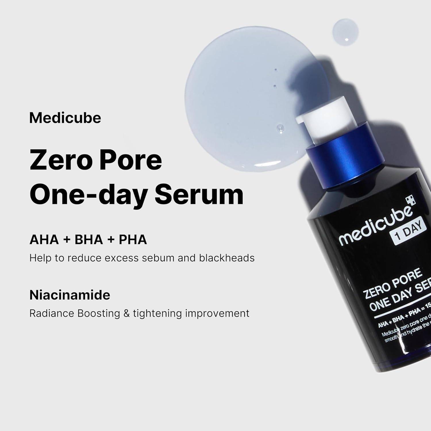 medicube ZERO PORE ONE DAY SERUM 30ml how to use, serum applied on cheek