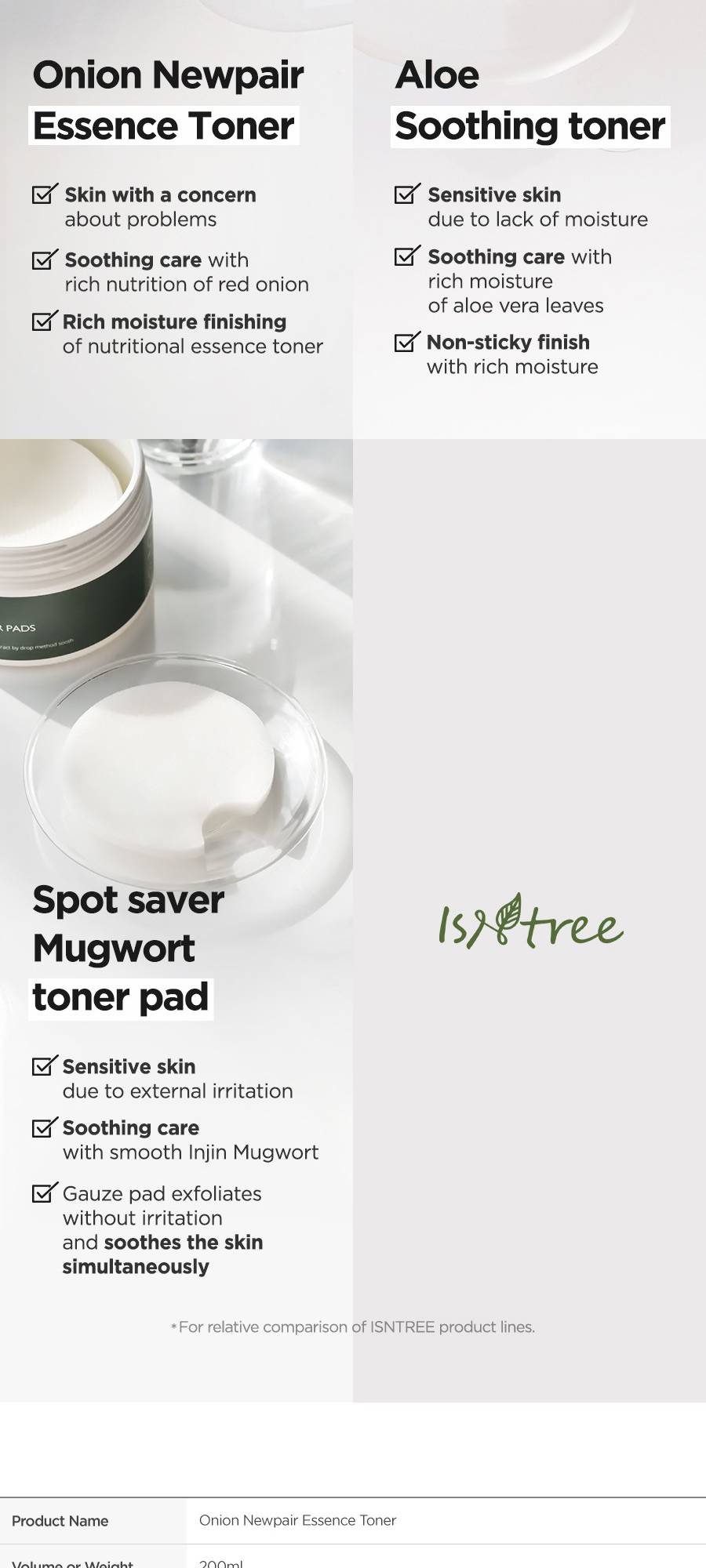 Isntree Onion Newpair Essence Toner compared with Aloe Soothing Toner and Mugwort Toner Pad