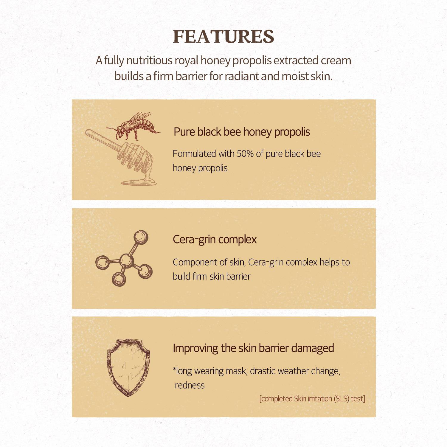 Skinfood Royal Honey Propolis Enrich Barrier Cream 63ml features, black bee propolis and Cera-grin complex