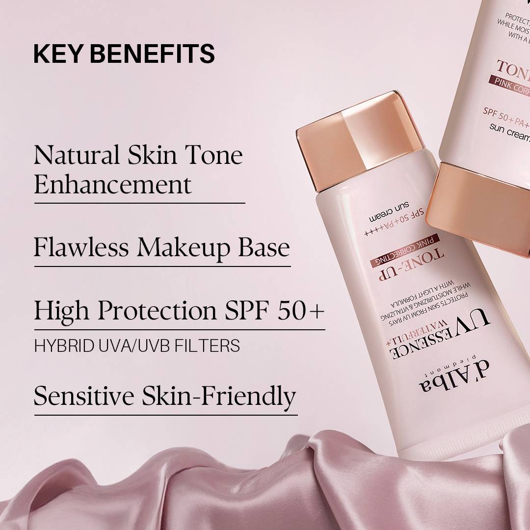 d'Alba Waterfull Tone-Up Sun Cream SPF 50+ PA++++ evens skin tone, blurs imperfections, glass skin glow