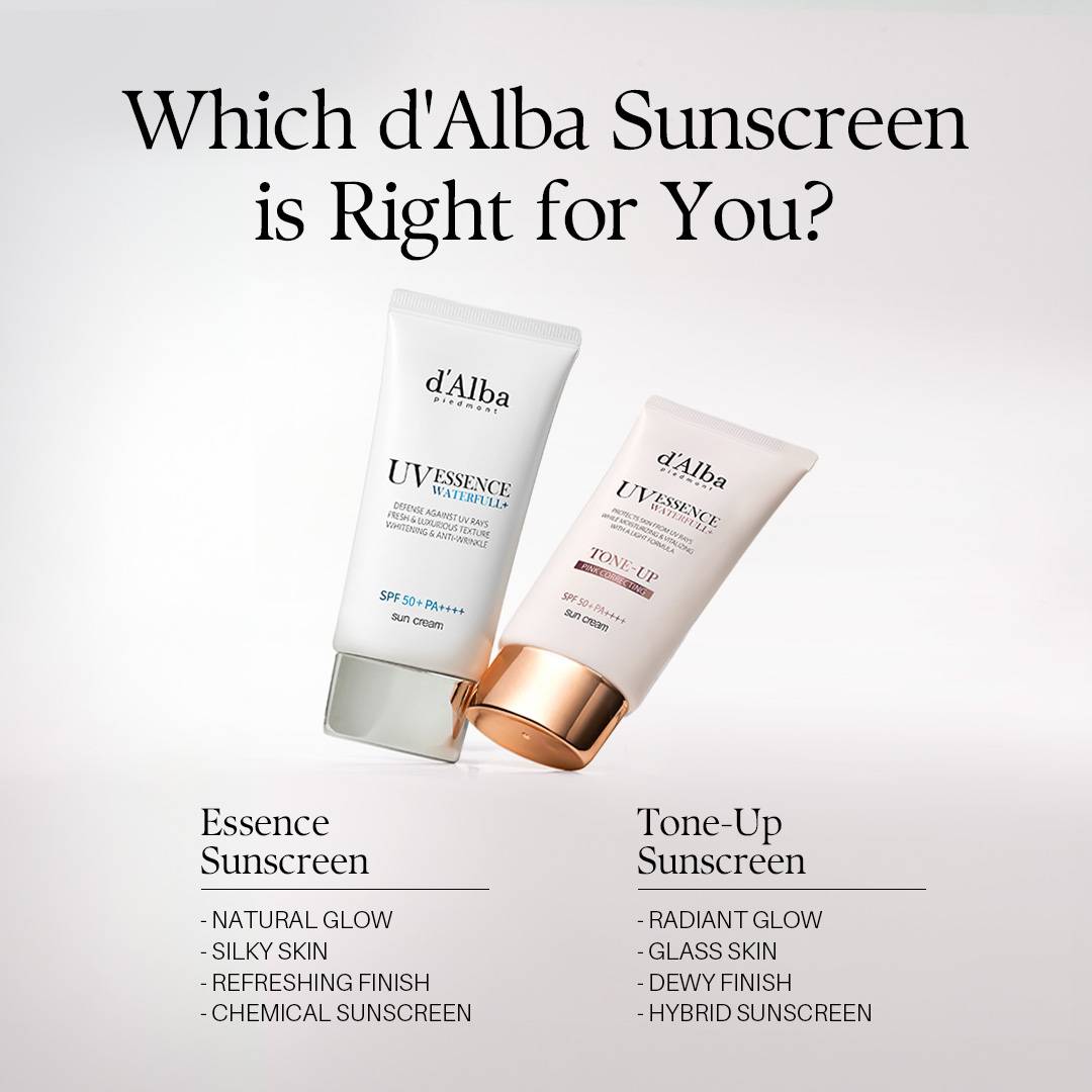 d'Alba sunscreen comparison Essence vs Tone-Up vs Mild, Waterfull Tone-Up hybrid sunscreen