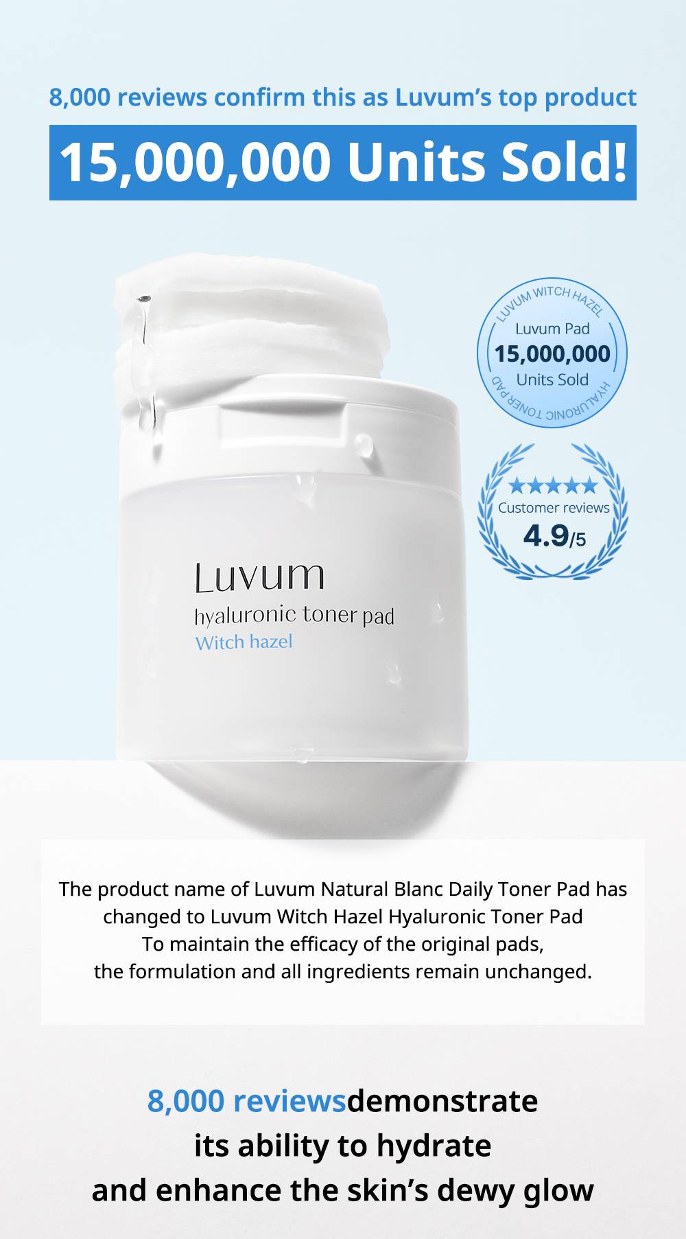 Luvum Witch Hazel Hyaluronic Toner Pad 60 pads 130ml jar with product name change notice