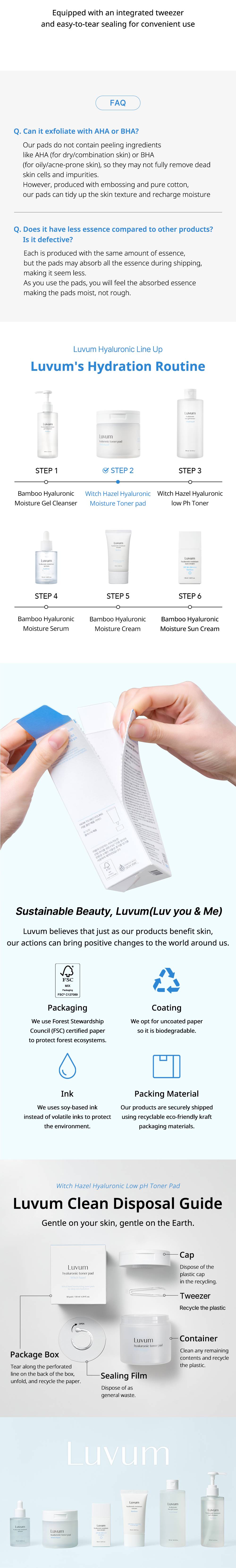 Luvum Witch Hazel Hyaluronic Toner Pad FAQ, hydration routine step 2 and recycling guide
