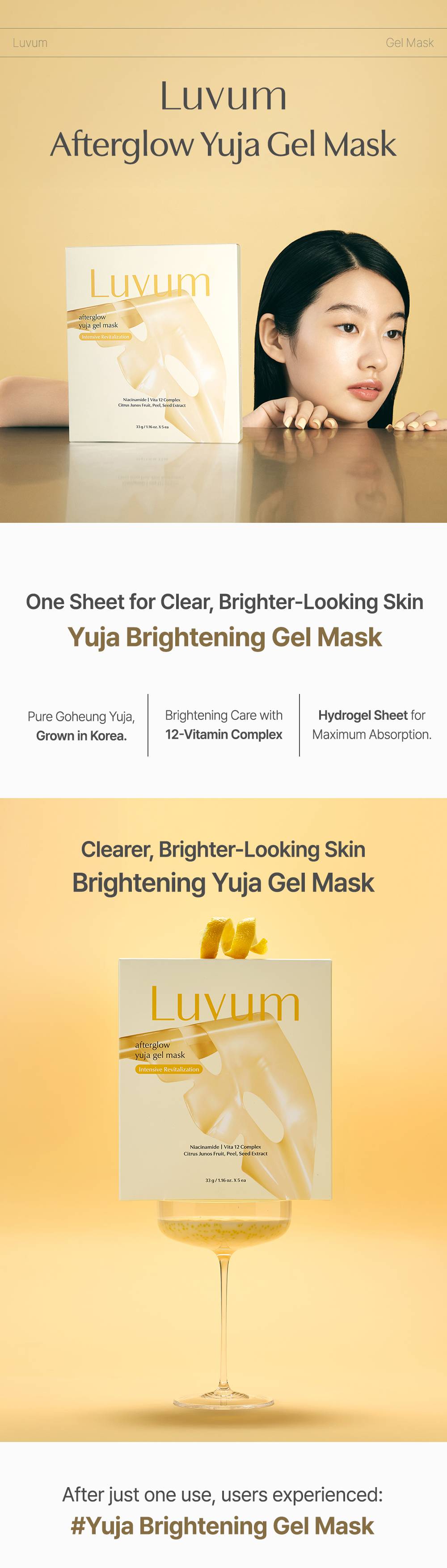 Luvum Afterglow Yuja Gel Mask 33g x 5 brightening hydrogel mask box and key benefits