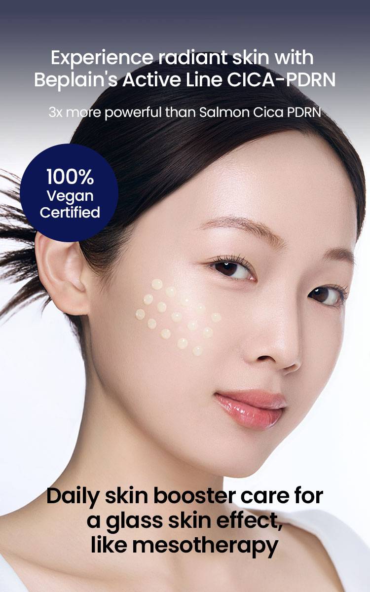 Beplain CICA PDRN Skin Booster Serum 100% vegan certified, serum dots on cheek