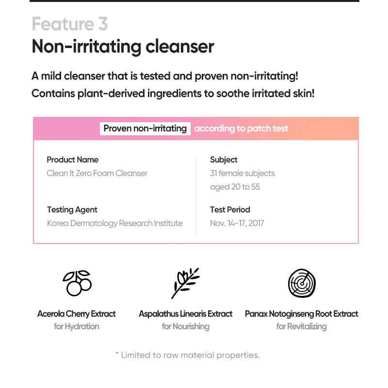 Banila co Clean It Zero Foam Cleanser non-irritating patch test and plant extracts