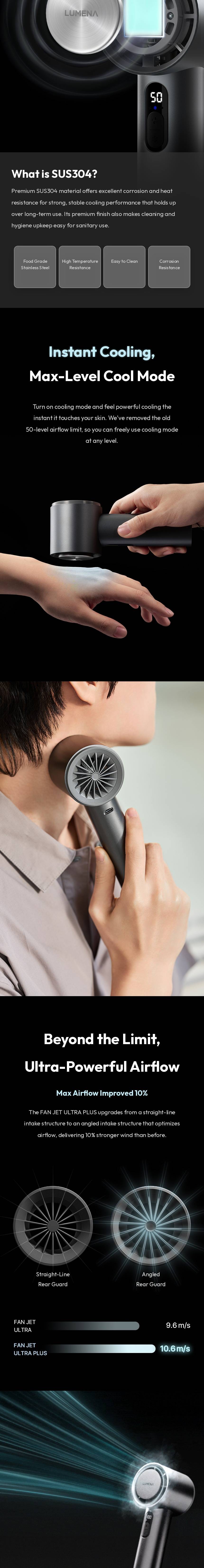 lumena FAN JET ULTRA PLUS SUS304 cool mode and airflow 10.6 m/s comparison