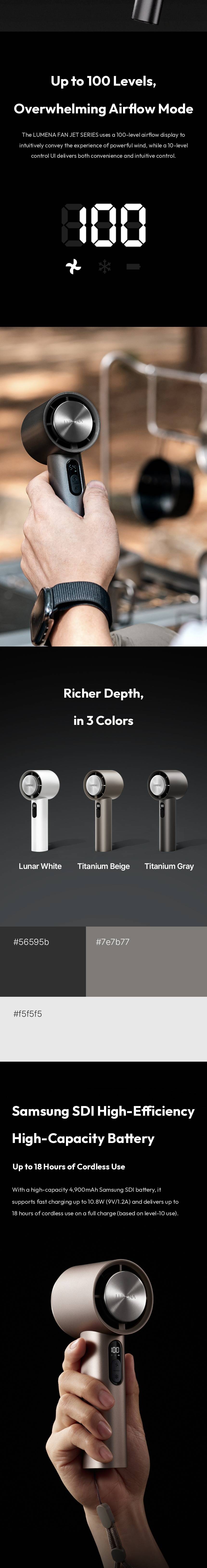 lumena FAN JET ULTRA PLUS 100-level display, 3 colors and 4,900mAh battery