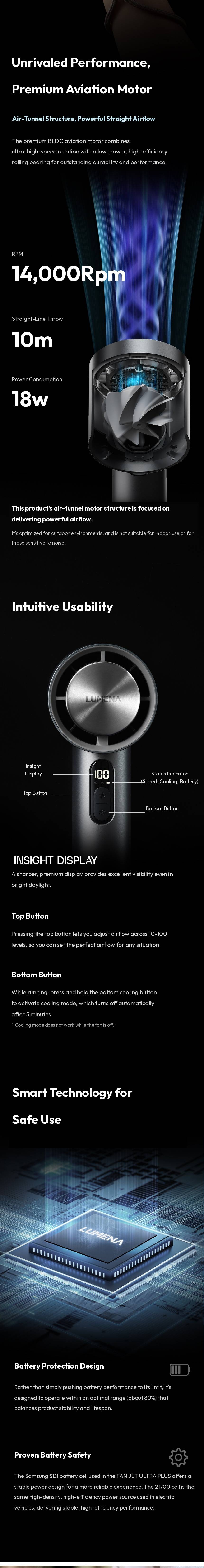 lumena FAN JET ULTRA PLUS BLDC motor specs, insight display button guide