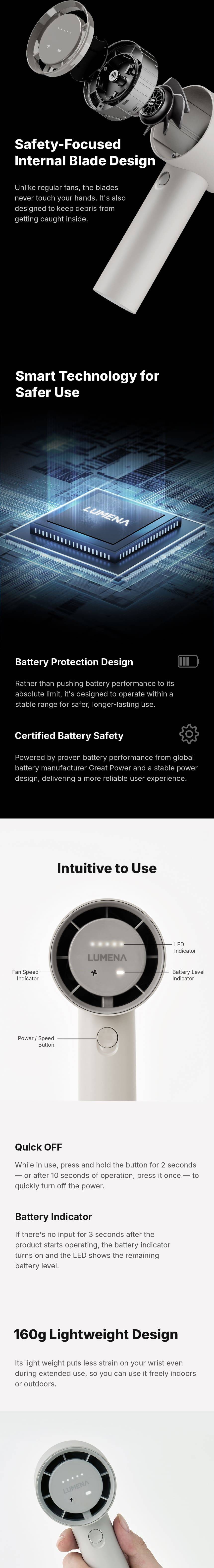 lumena FAN PRO JET internal blade safety design and how to use controls