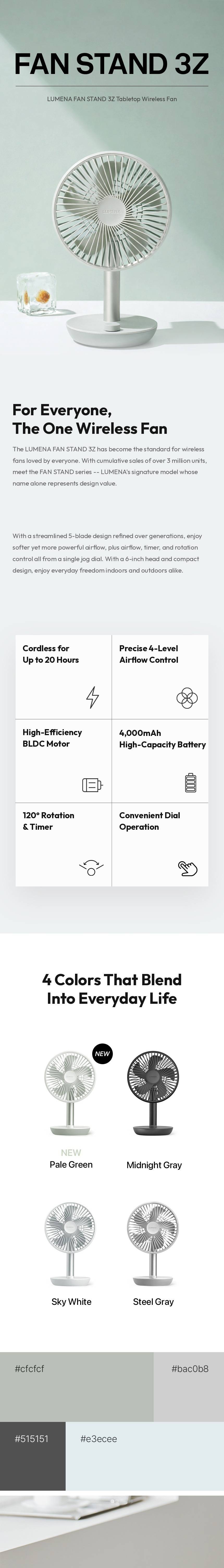 lumena FAN STAND 3Z tabletop wireless fan features and 4 color options