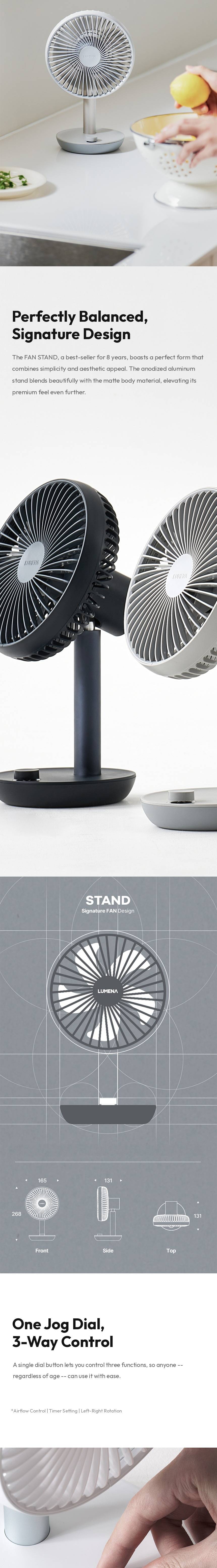lumena FAN STAND 3Z signature design, size chart and jog dial control