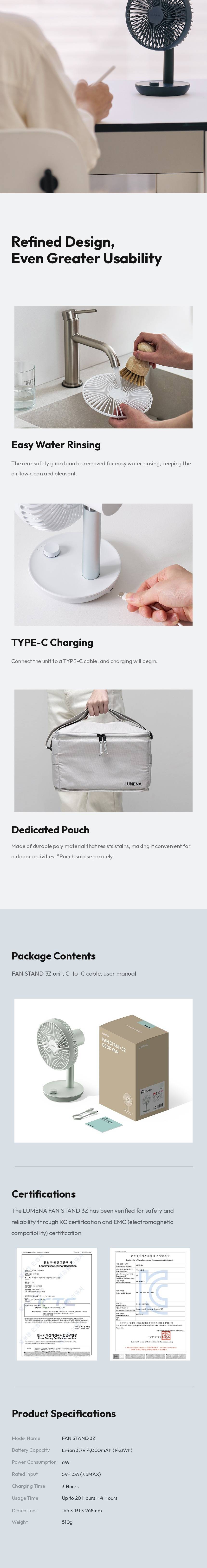 lumena FAN STAND 3Z removable guard, Type-C charging, package contents, certifications, specs