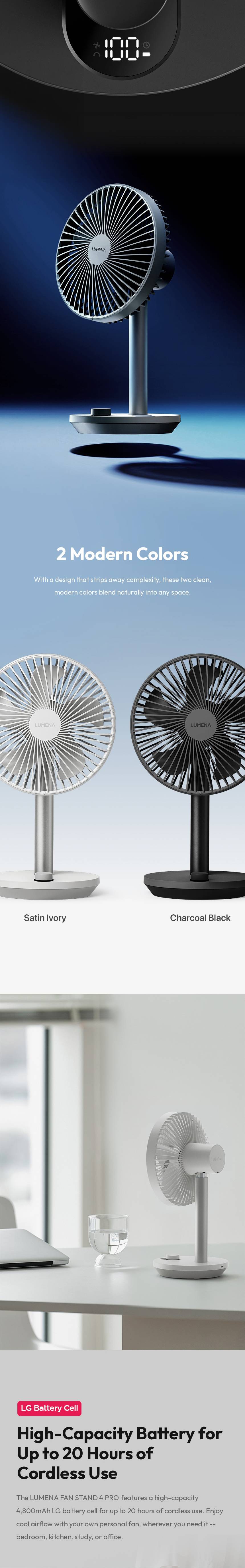 lumena FAN STAND 4 PRO Satin Ivory and Charcoal Black colors with battery