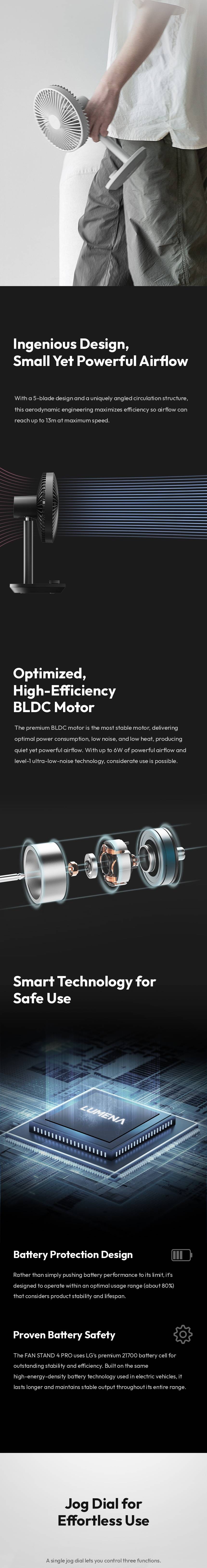 lumena FAN STAND 4 PRO 5-blade airflow, BLDC motor and battery safety