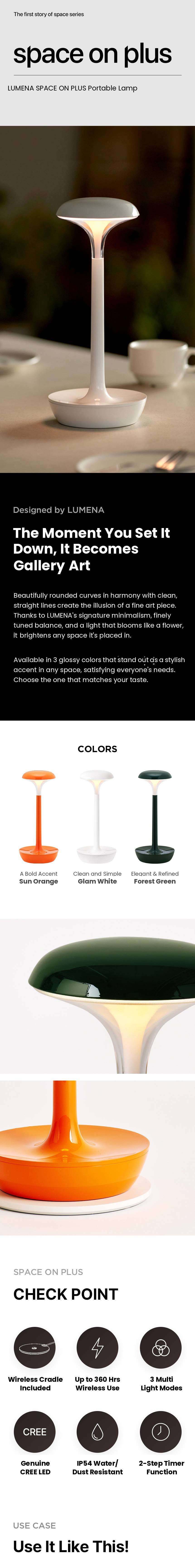 lumena SPACE ON PLUS portable lamp intro, 3 colors, wireless cradle, 360 hrs, CREE LED, timer
