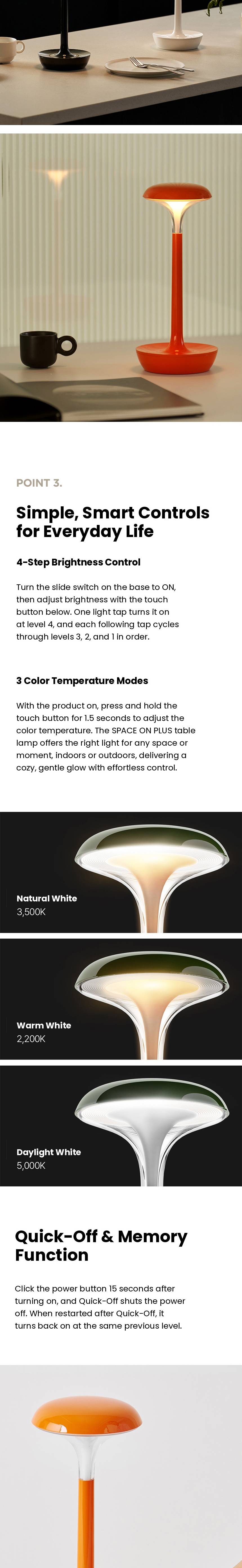 lumena SPACE ON PLUS 4-step brightness, 3 color temperature modes 2200K 3500K 5000K, quick-off