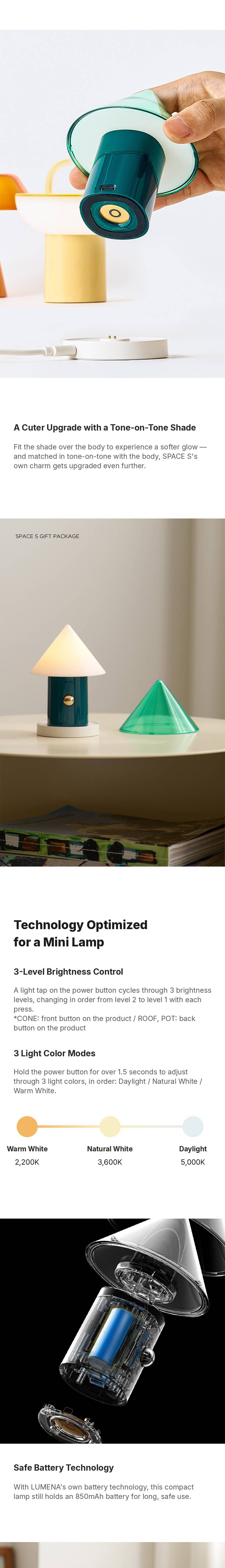 lumena SPACE S mood lamp brightness levels, light color modes and 850mAh battery details