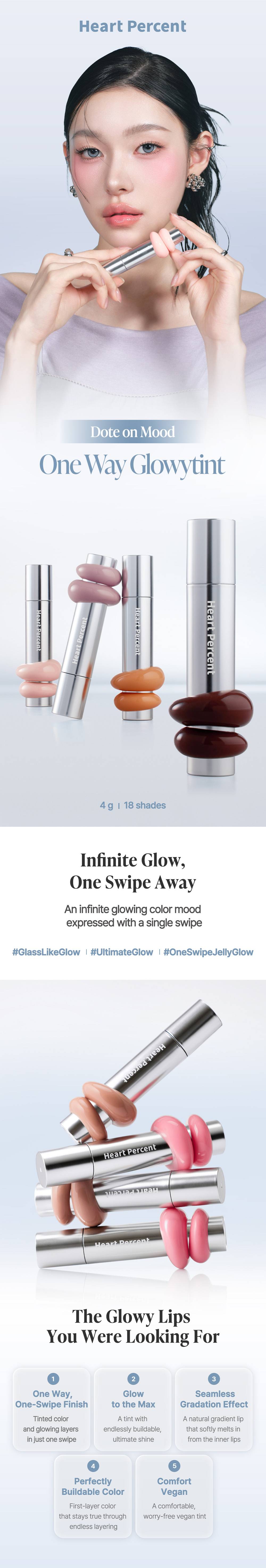 Heartpercent Dote on Mood One Way Glowy Tint 4g 18 shades glowy lip tint key features
