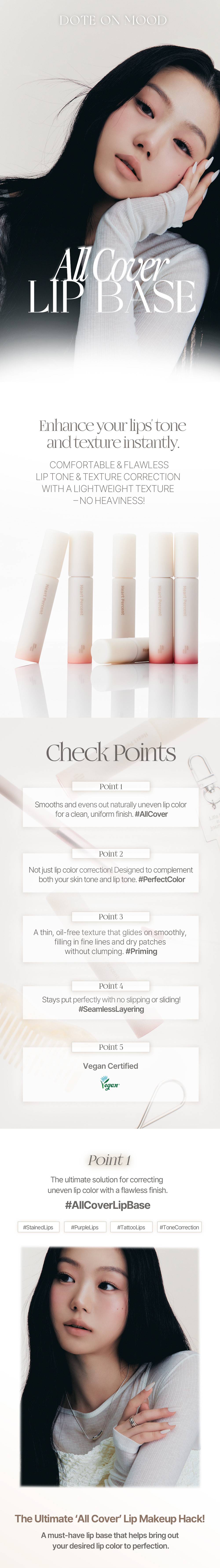 Heartpercent Dote on Mood All Cover Lip Base key features, lip tone correction, vegan certified