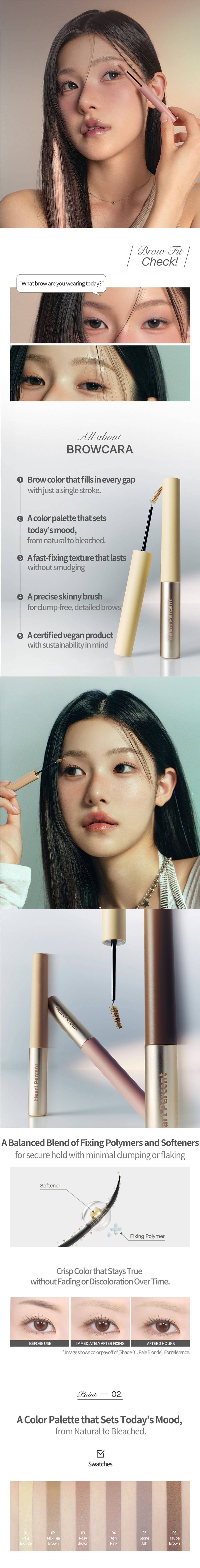 Heartpercent Dote on Mood Fake-Up Browcara features, before and after, shade swatches 01-06