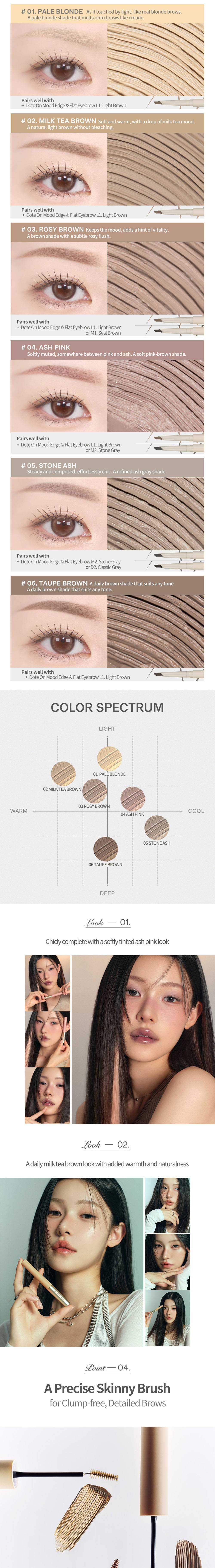 Heartpercent Dote on Mood Fake-Up Browcara shade guide, color spectrum and model looks