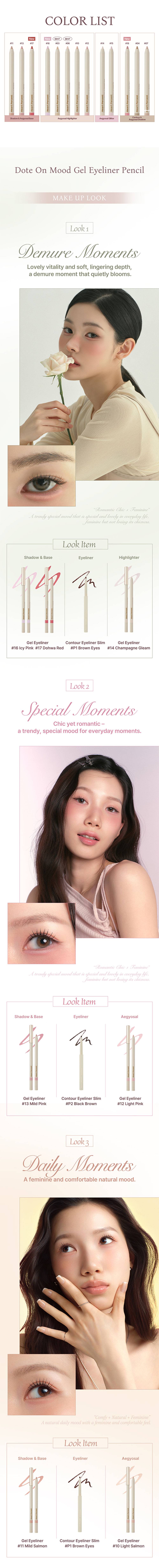 Heartpercent Dote on Mood Gel Eyeliner Pencil color list and three makeup looks