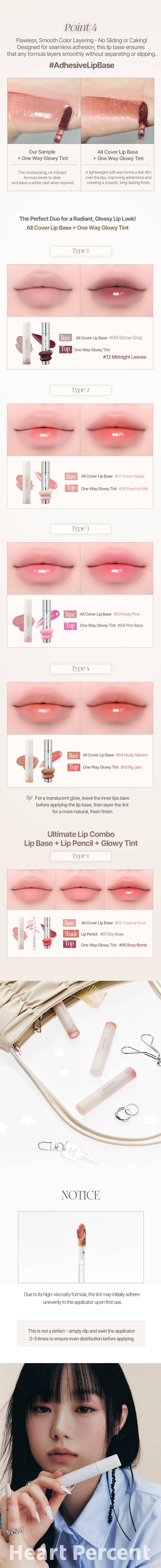 Heartpercent All Cover Lip Base layering with One Way Glowy Tint, lip combos and usage notice