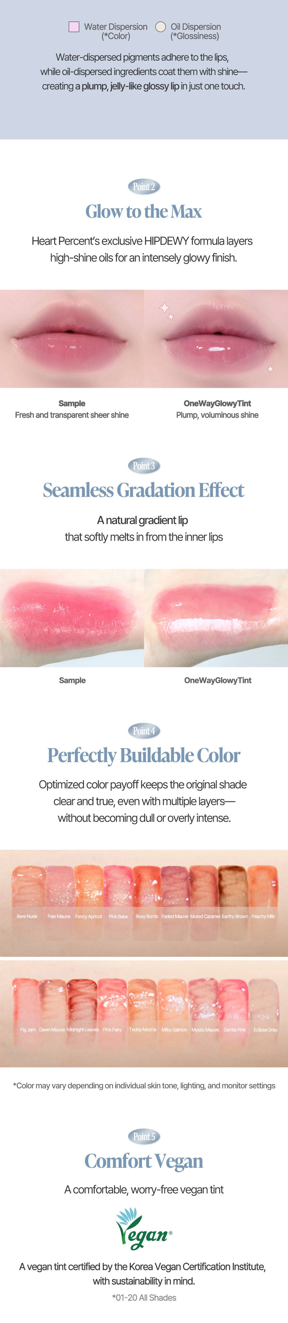 Heartpercent Dote on Mood One Way Glowy Tint glow, gradation and buildable color swatches vegan