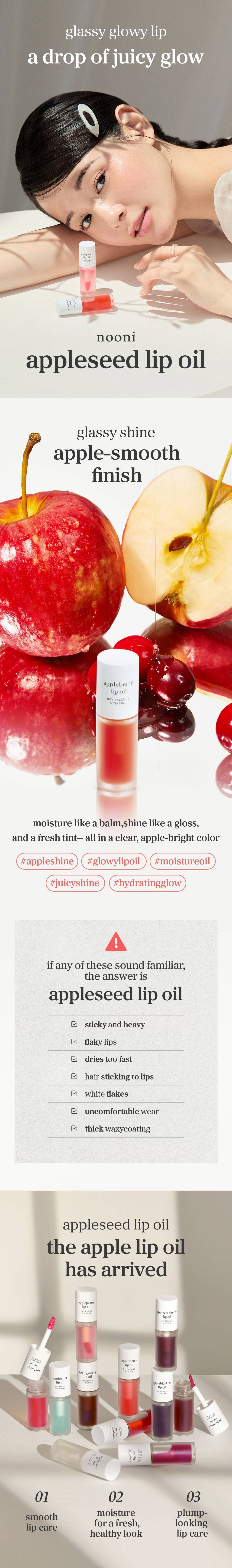 NOONI Appleseed Lip Oil 11-shade lineup, glassy glow, sticky-free lip care