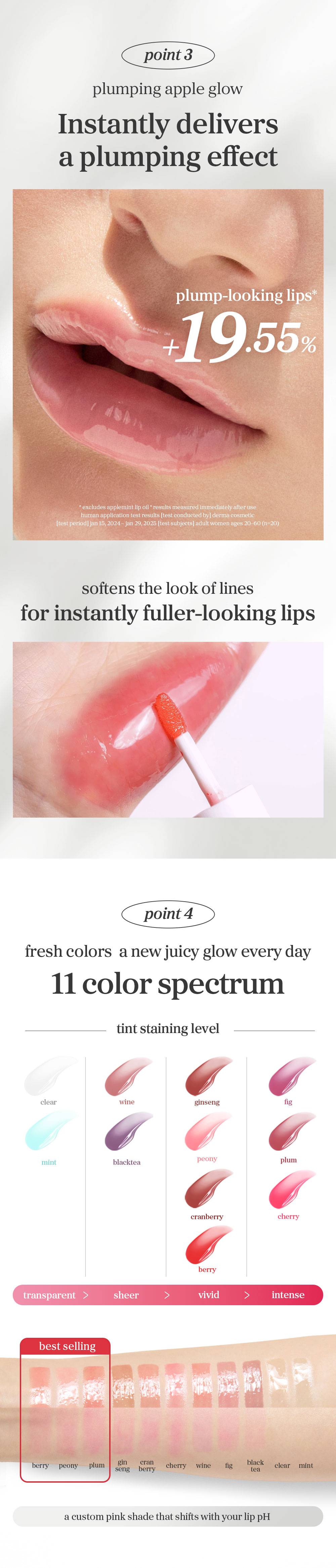 NOONI Applepeony Lip Oil 3.7ml plumping effect and 11-shade swatch chart