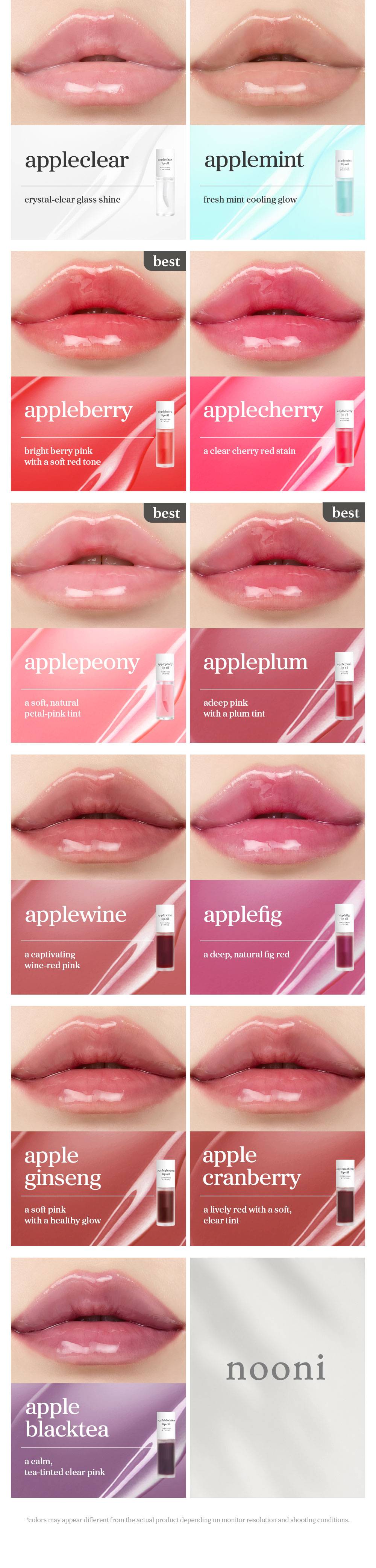 NOONI Appleseed Lip Oil all shades on lips: appleclear, applemint, appleberry, applecherry, applecranberry and more