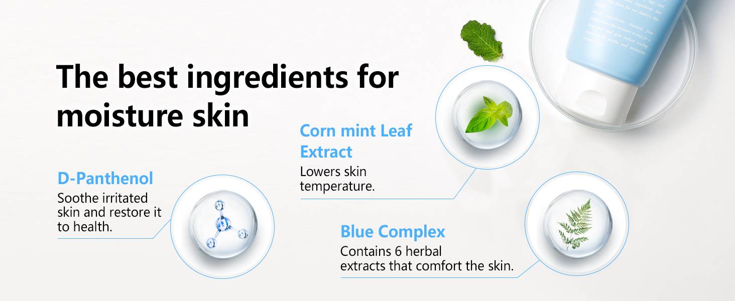Dr.Bio Soothing Moisture Cream 300ml key ingredients D-Panthenol, Corn mint leaf extract, Blue Complex