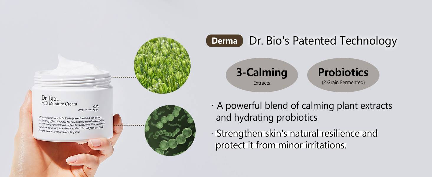 Dr.Bio ECO Moisture Cream patented 3-calming extracts and 2-grain fermented probiotics