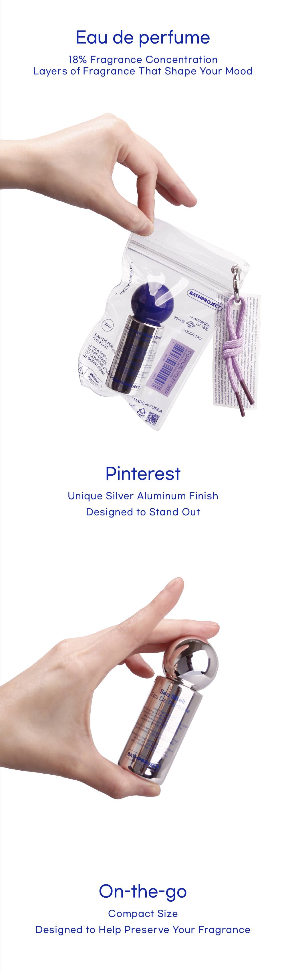 Bath Project Eau de Perfume 18ml in pouch, silver aluminum finish bottle and compact on-the-go size