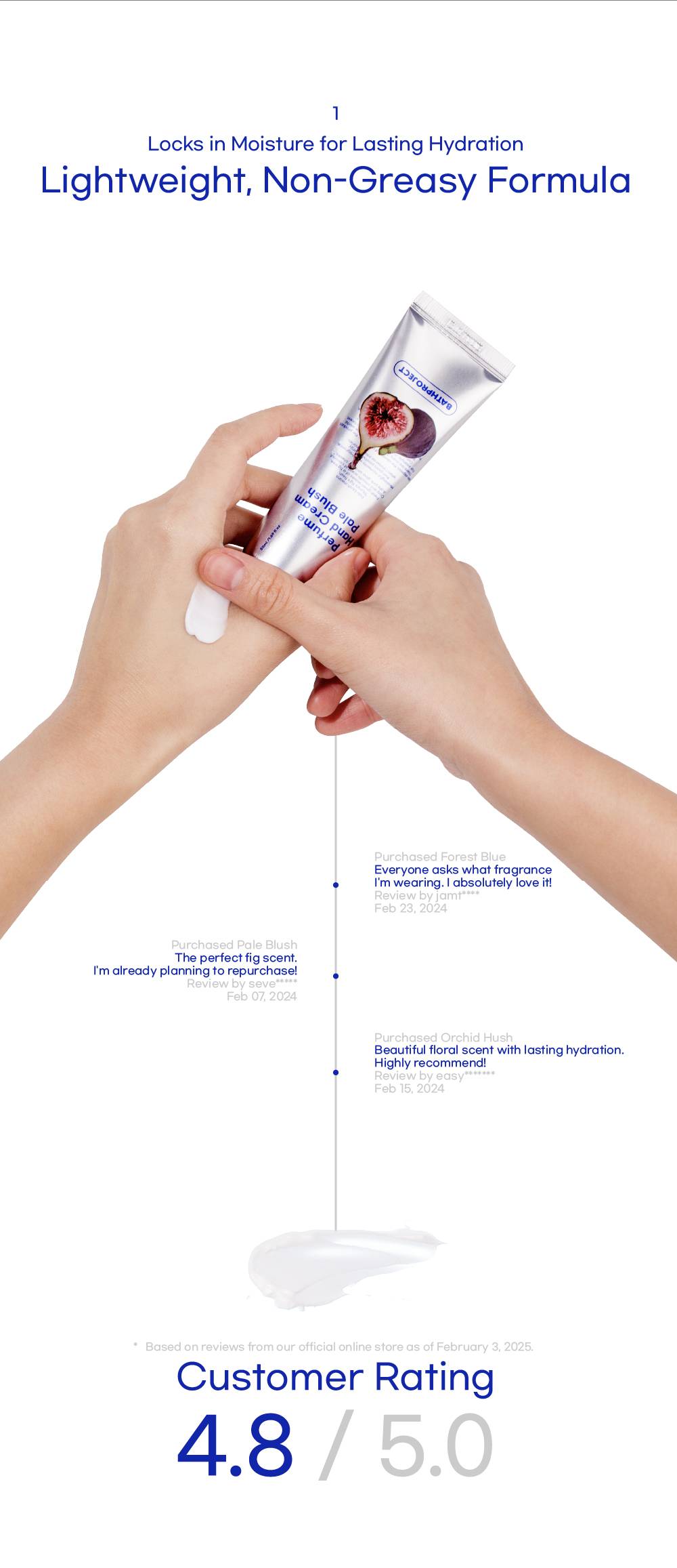 Bath Project Perfume Hand Cream Pale Blush lightweight non-greasy cream texture on hand