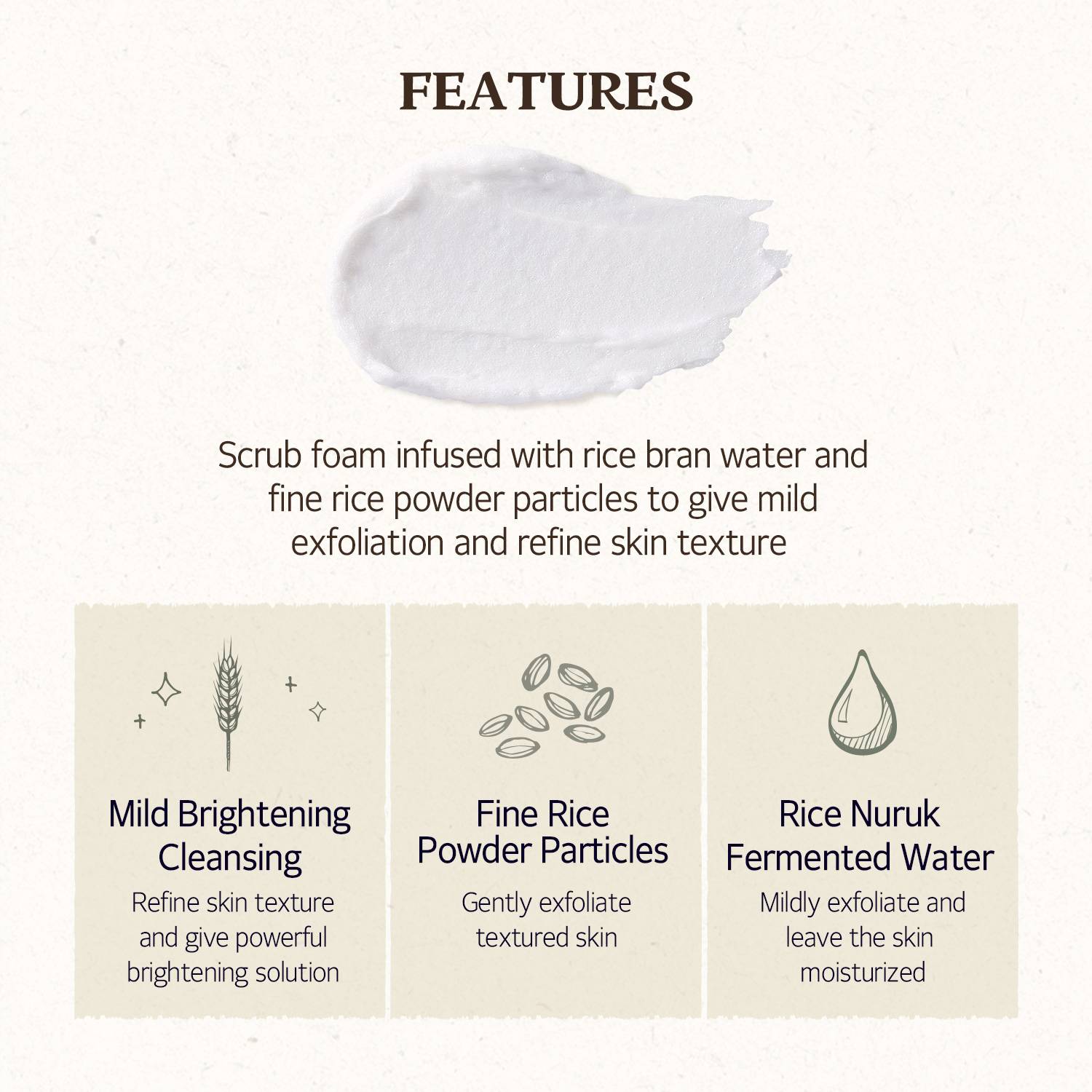 Skinfood Rice Daily Brightening Scrub Foam key features, rice powder and rice nuruk fermented water