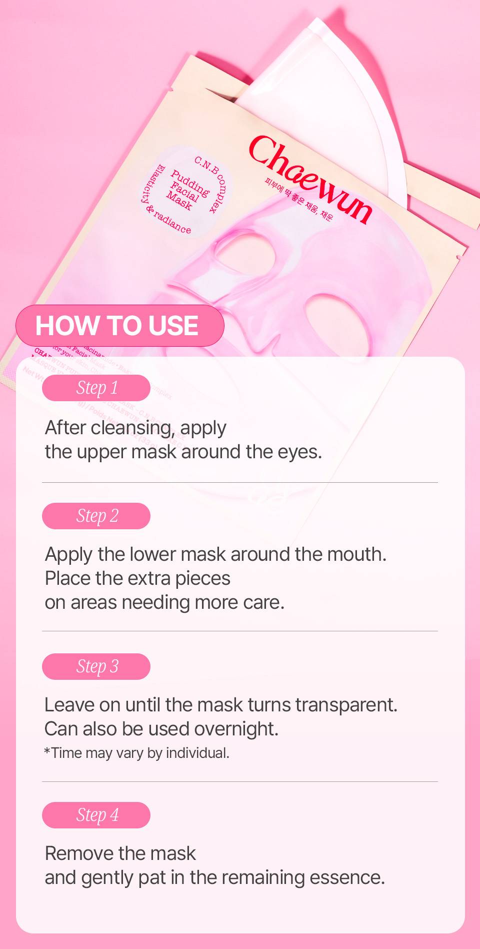 Chaewun Pudding Facial Mask C.N.B Complex how to use in 4 steps