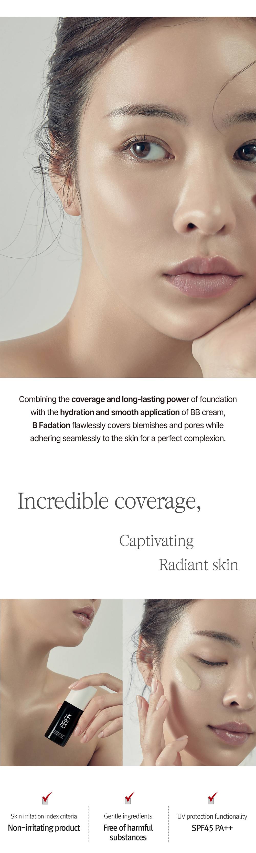 rorobell B Fadation(21) foundation on skin, non-irritating, SPF45 PA++ UV protection