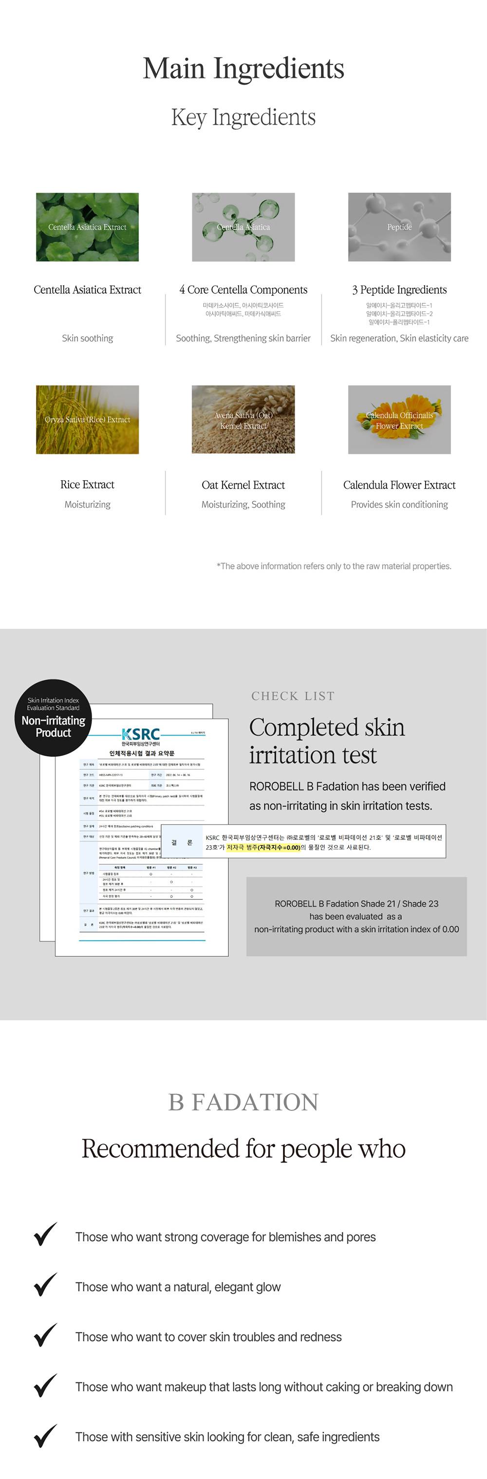 rorobell B Fadation(21) key ingredients, skin irritation test result and recommended for