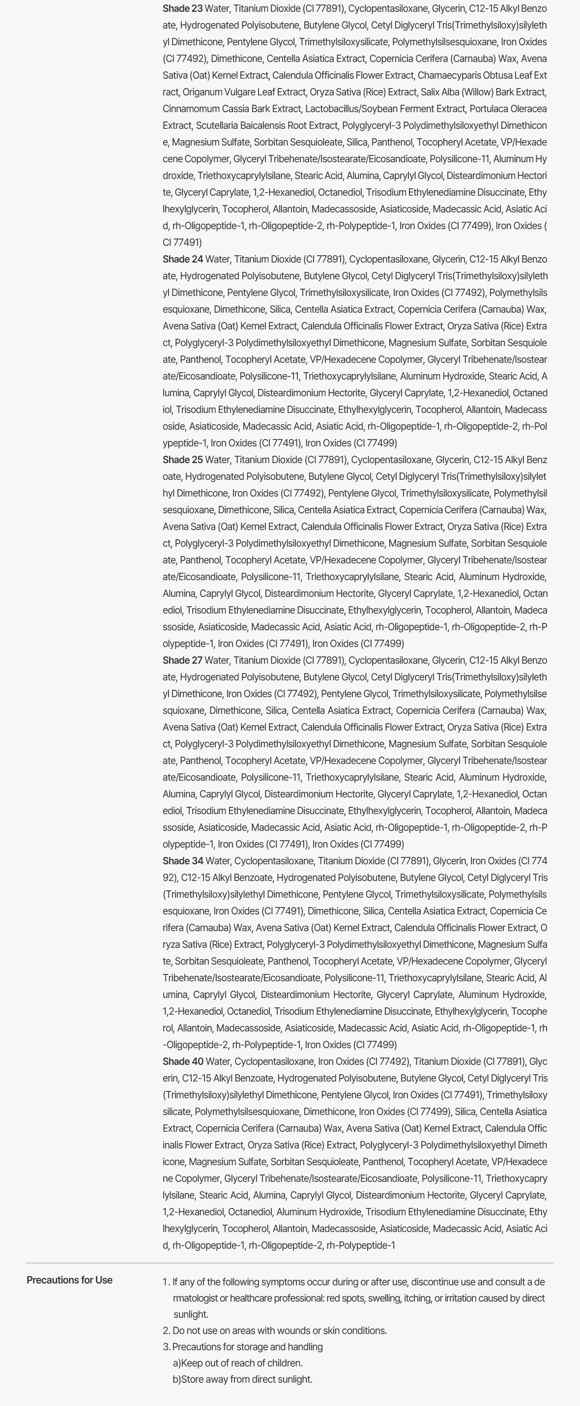 rorobell B Fadation ingredients list shades 23 to 40 and precautions for use